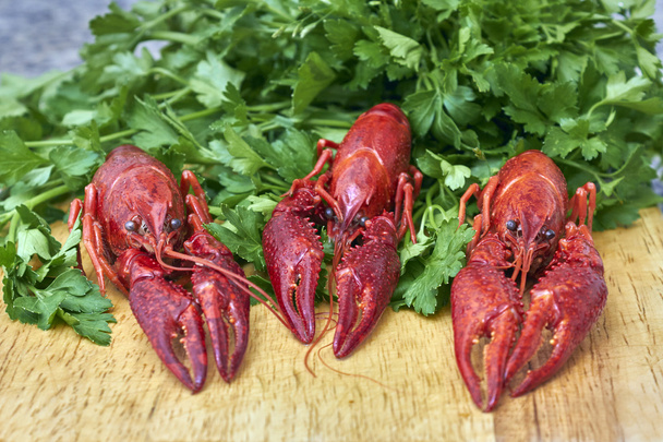 Crayfish rio vermelho com salsa na tábua de corte
 - Foto, Imagem