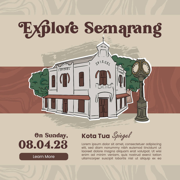Explora el Semarang con la ilustración de la Ciudad Vieja para publicaciones en redes sociales - Vector, imagen