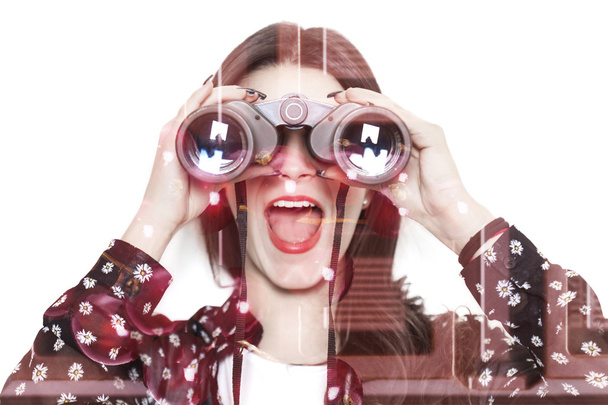 Double exposure of girl looking through binoculars and chocolate - Foto, imagen
