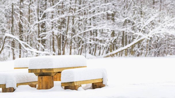 Drewniane ławki i stoły pokryte grubą warstwą śniegu, miejsce spoczynku na polanie przed lasem, zimowy krajobraz z białym śniegiem. - Zdjęcie, obraz