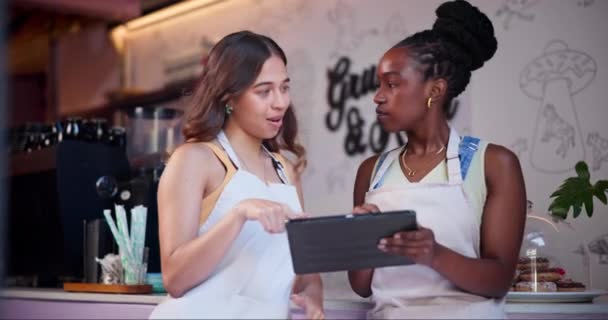 Tablet, diversity and team in coffee shop for online order in small business startup as owner or employee. Smile, talking and happy young waitress women in cafe for hospitality and service. - 映像、動画