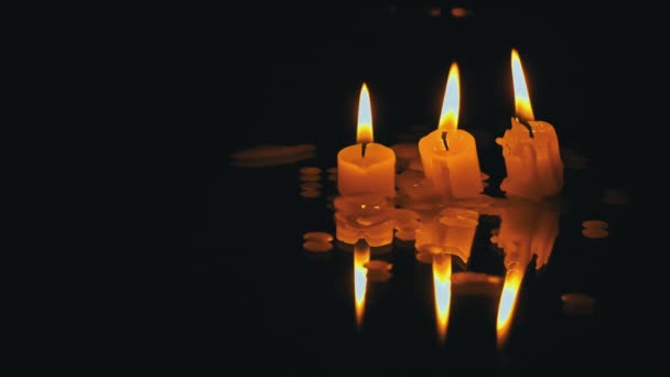 Drie paraffinekaarsen branden op rij op een zwarte achtergrond met reflectie. Drie witte kaarsen branden met een feloranje vlam op een donkere achtergrond. Symbool van verdriet, herinnering aan de doden, oorlogsconcept - Video