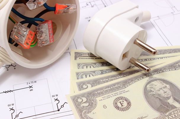 Electrical box, plug and money on drawing, energy concept - Photo, Image