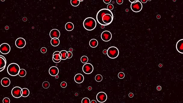 Videoklip egyperces számítógép renderelés egy elvont képernyővédő hálók formájában fehér körök piros szívvel belül sötét háttér - Felvétel, videó