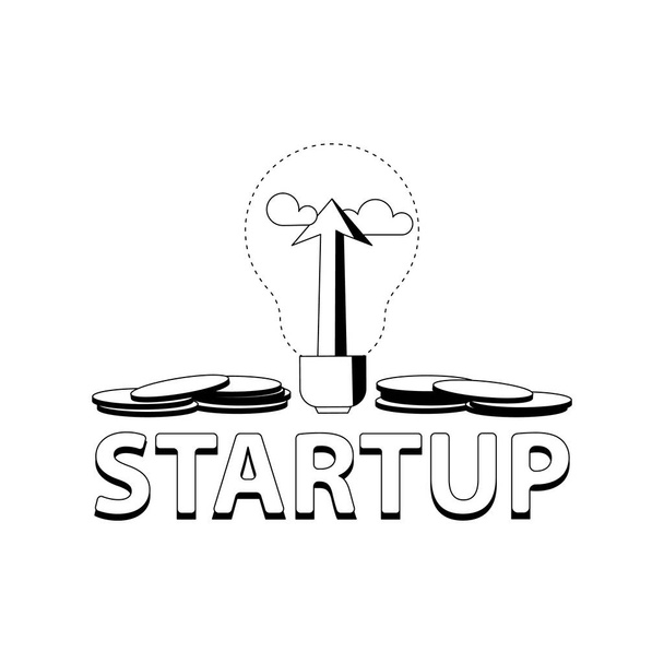Startup illustrazione in bianco e nero, banner, con lampadina e monete - Vettoriali, immagini