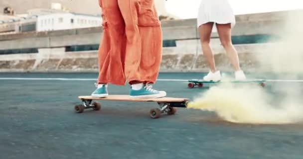 Skateboard, city and flare smoke with person, feet and freedom in metro with fashion, warning and attention. Skater, shoes and sneakers in streetwear clothes with torch, signal and speed on bridge. - Footage, Video