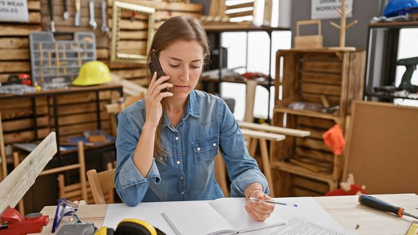 Una mujer enfocada multitarea en un taller de carpintería mientras está en una llamada telefónica y escribiendo notas. - Foto, Imagen
