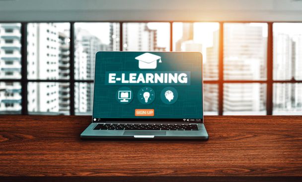 E-learning and Online Education for Student and University Concept. Grafikus felület, amely bemutatja a digitális képzés technológiáját az emberek számára, hogy távoli tanulást végezzenek bárhonnan. uds - Fotó, kép