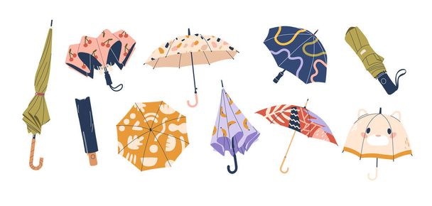 Vectorset Paraplu 's, draagbare, inklapbare apparaten ontworpen om te beschermen tegen regen of zonlicht. Ze bestaan uit een luifel bevestigd aan een opvouwbaar kader, het verstrekken van handige weerbescherming On-the-go - Vector, afbeelding