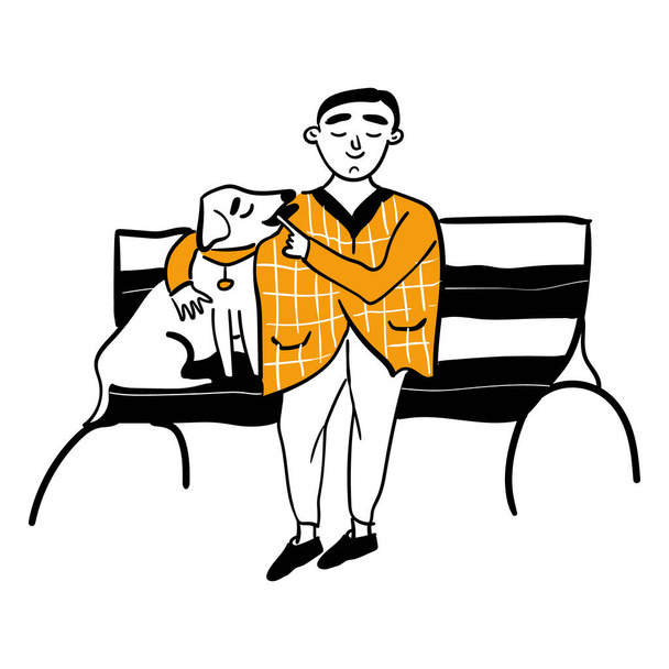 Mies halaus hänen koira istuu bench.Concept mielenterveyden ja koiran terapia. Vektori kuvitus doodle tyyliin eristetty. - Vektori, kuva