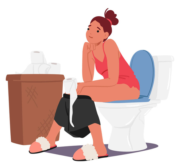 Kadın Kakası Günlük Hijyen Rutini. Bir kadın, banyonun sakin yalnızlığında tuvalette oturur, bir an için sessizce düşüncelerini gözden geçirir. Çizgi film İnsanları Vektör İllüstrasyonu - Vektör, Görsel