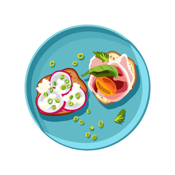 Vegetáriánus bruschetta és halas szendvics türkiz tálcán. Zöldséget és kolbászt szeletelt pirítósra. Egészséges reggeli. Öngondoskodó. Vektorillusztráció - Vektor, kép