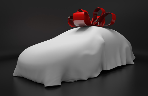 Auto-Konzept eines neuen überdachten Sportwagens mit roter Schleife als Geschenk - Foto, Bild