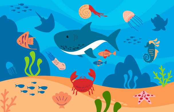 Kreskówkowy podwodny krajobraz ze zwierzętami. Dno morskie z rybami, ośmiornicą, meduzami, krabami, algami i wodorostami morskimi. Ilustracja dzikiej fauny i flory. Podwodne życie z konikiem morskim, płaszczem - Wektor, obraz