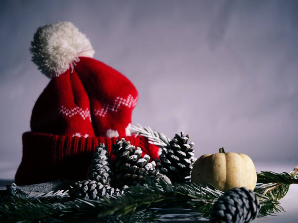 cones de pinho de inverno e chapéu de inverno tricotado perto tiro foco seletivo - Foto, Imagem