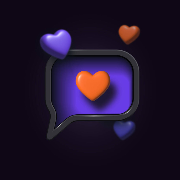 Rendering 3D di un'icona a bolle di chat. icona del cuore. Icona a bolla vocale 3D con cuore su sfondo nero. pneumorfismo e glasmorfismo icona design - Vettoriali, immagini