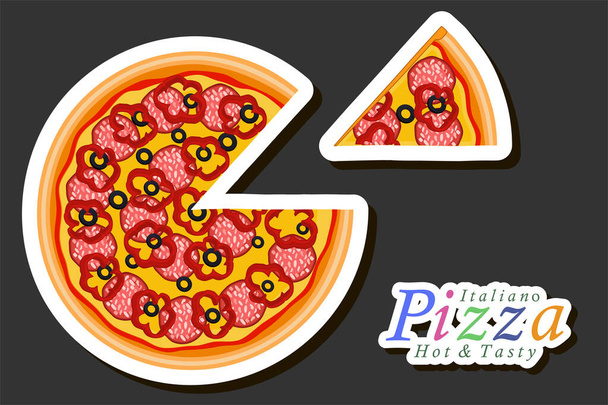 Ilustracja na temat dużej gorącej pizzy do menu pizzerii, włoska pizza składająca się z różnych składników, takich jak chrupiące ciasto pieczone, czerwony pomidor, niemiecka kiełbasa, grzyby champignon i wiele więcej - Wektor, obraz