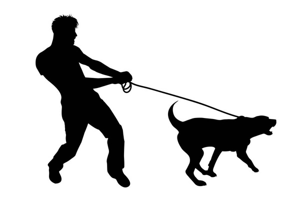 Koiran vektorisiluetti vetää miestä valkoisella pohjalla. Lemmikkieläinten ja tottelemattomuuden symboli. - Vektori, kuva