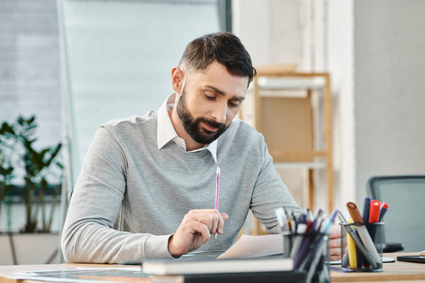 Ein Mann sitzt an einem Schreibtisch, konzentriert, mit einem Stift in der Hand, und arbeitet an einem Projekt in einem geschäftigen Büroumfeld. - Foto, Bild