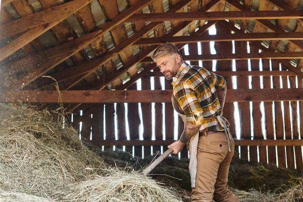 alegre hombre guapo con tatuajes usando horquilla mientras trabaja con heno mientras está en la granja - Foto, imagen
