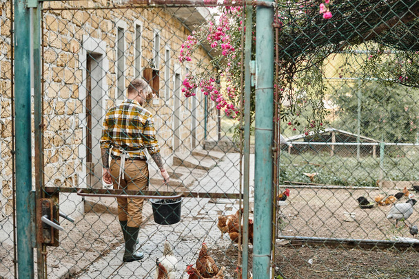 appealing hard working man with tattoos feeding chickens in their aviary while on his farm - Photo, Image