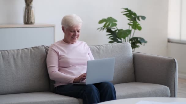 Vanhempi valkoihoinen nainen, jolla on hymy, käyttää kannettavaa tietokonetta työhön, online-viihteeseen, Internetin selaamiseen ja toimintaan sosiaalisissa verkostoissa kotona olohuoneen sohvalla.. - Materiaali, video