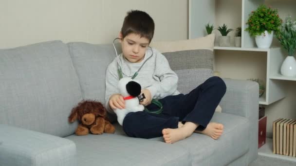 Malý dětský lékař poslouchá hračku plyšový pes se stetoskopem. - Záběry, video