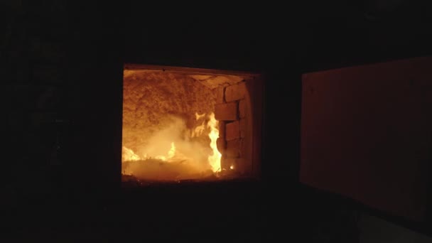 Der Prozess der Herstellung von Brennstoffbriketts. Brennender Ofen in der Fabrik. - Filmmaterial, Video