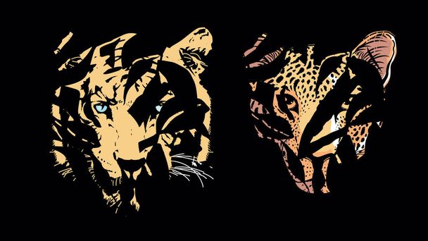 葉の後ろに隠れている2つの虎とヒョウの頭のTシャツデザイン. - ベクター画像