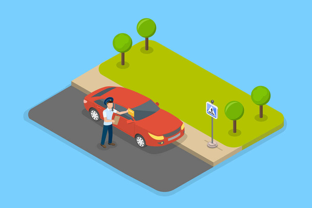 3D Ізометрична плоска векторна ілюстрація паркування штраф, поліцейський видає квиток на незаконну парковку - Вектор, зображення