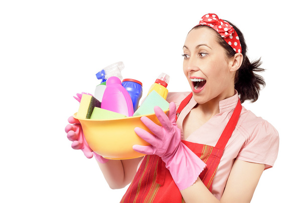 Female cleaner holding bucket with cleaning supplies. - Photo, Image