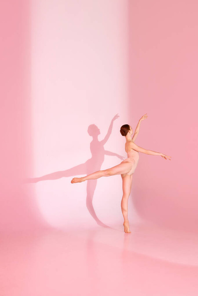 Balletto in Blush. Ballerina graziosa, vestita in costume da bagno rosa, posa a piedi nudi su sfondo rosa pastello. La sua ombra riflette la sua eleganza. Concetto di portamento, bellezza, balletto, grazia. - Foto, immagini