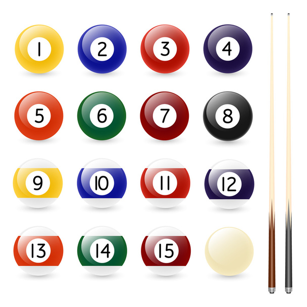 Set of sixteen billiard balls and two cues - Vektori, kuva