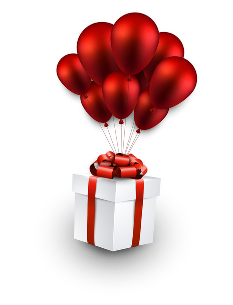 Gift box on red balloons. - Vetor, Imagem