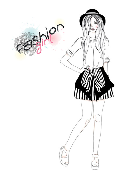 Young beautiful girl fashion illustration. Vector illustration. - Vector, Image