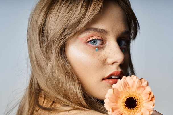 Closeup beauty shot of woman with peach makeup eyeliner, gerbera daisy, face jewels and freckles - Photo, Image