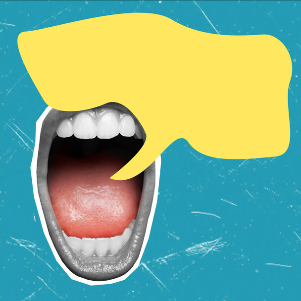 collage de arte que representa una boca gritando con una burbuja de mensaje, espacio de copia. Concepto publicitario promocional. - Foto, Imagen