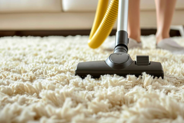 Close up one person cleaning the living room vacuum cleaner carpet housekeeping home flooring rug sweeping apartment hygiene chores inside leisure activity neat routine freshness dirty electric device - Photo, Image