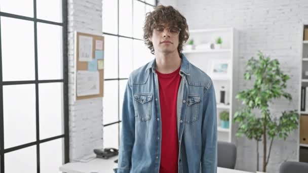 Ένας κομψός νεαρός άνδρας με σγουρά μαλλιά και γυαλιά στέκεται με αυτοπεποίθηση σε ένα σύγχρονο περιβάλλον γραφείου, αποπνέοντας μια περιστασιακή επαγγελματική αύρα. - Πλάνα, βίντεο