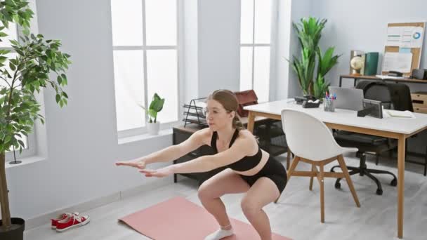 Una giovane donna in abbigliamento sportivo pratica yoga in un ambiente ufficio moderno, transizione tra pose su un tappeto. - Filmati, video