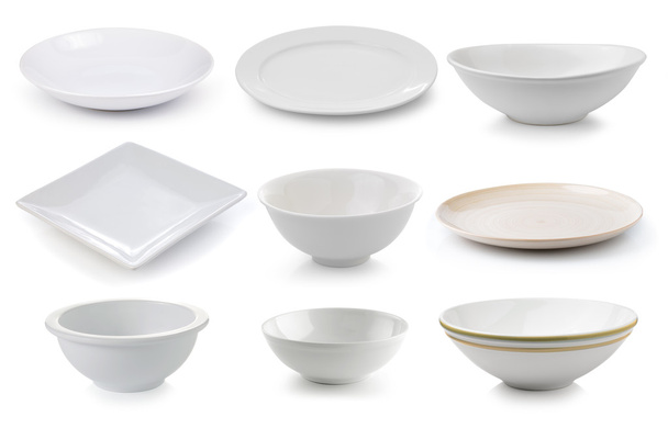  kerámia tányér és tál elszigetelt fehér background - Fotó, kép