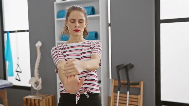Een vrouw in gestreept shirt oefent polsoefeningen in een fysiotherapeutische kliniek, die gezondheidszorg en herstel overbrengt. - Video