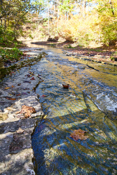 Sérénité d'automne à Hathaway Preserve, Indiana - Un ruisseau peu profond qui coule sur un lit rocheux au milieu du feuillage d'automne, 2016 - Photo, image