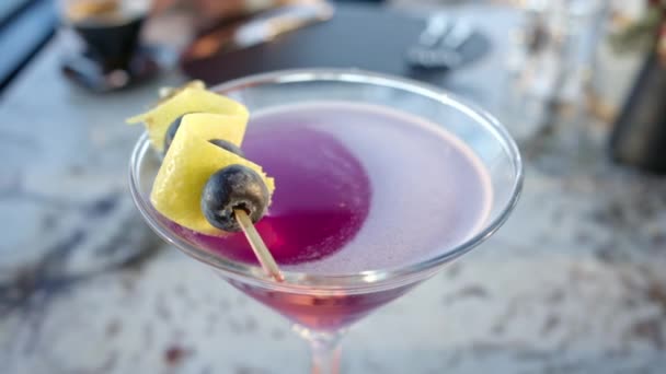 Martini rosa rosso con mirtilli in alto da vicino - Filmati, video