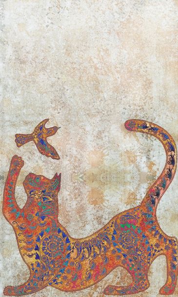 decoración pastelcolor patrón estilizado tropical, silueta de gato
 - Foto, Imagen