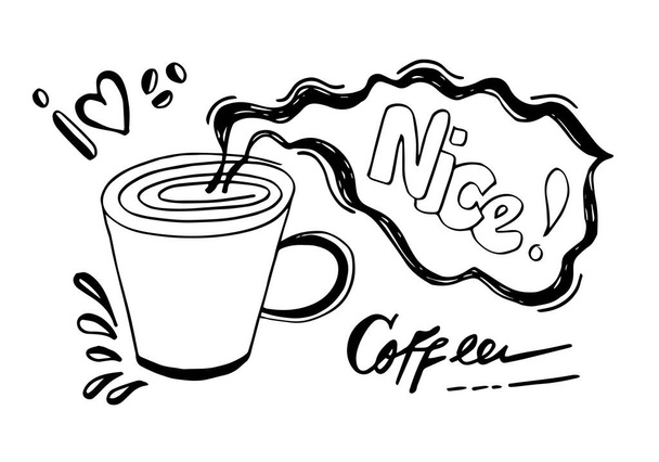 Tazza di caffè disegnato a mano con bel testo. Bandiera per caffè, ristorante e menu.vector illustrazione. - Vettoriali, immagini