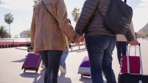Nerozpoznatelný dospělý turista muž a žena drží ruce pozpátku při chůzi po ulici s kufrem na dovolenou. Detailní záběr na těla dvou lidí zezadu - Záběry, video