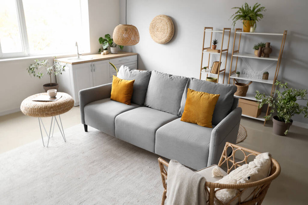 Innenraum eines hellen Wohnzimmers mit gemütlichem grauen Sofa, Stuhl und Zimmerpflanzen - Foto, Bild