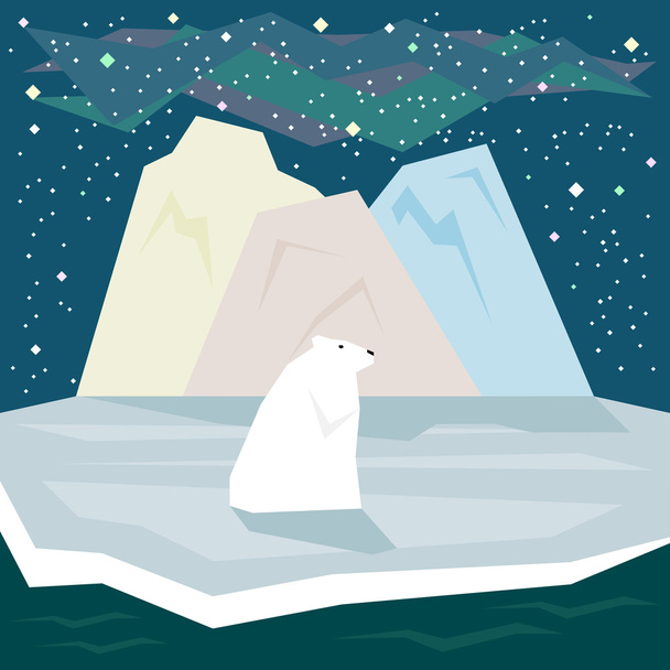 Простая графическая иллюстрация в модном плоском стиле с белым белым медведем и льдом на фоне звездного неба для использования в оформлении открытки, приглашения, плаката, баннера или плаката на тему природы
 - Вектор,изображение