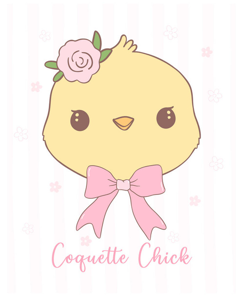Cute Pink Coquette Easter Chick smiling face Cartoon, sweet Retro Happy Easter spring animal Hand Drawing. - Vector, Image